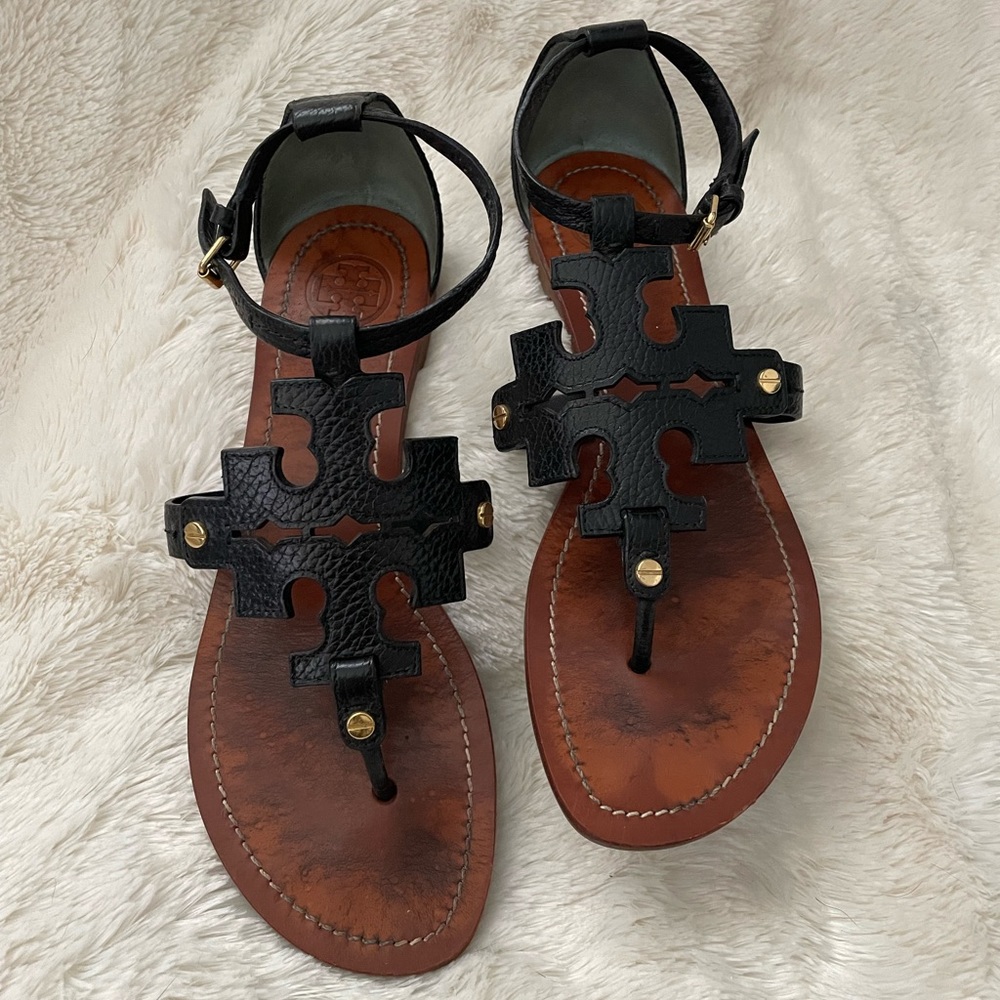 Tory Burch Black Leather Logo T-Strap Sandals